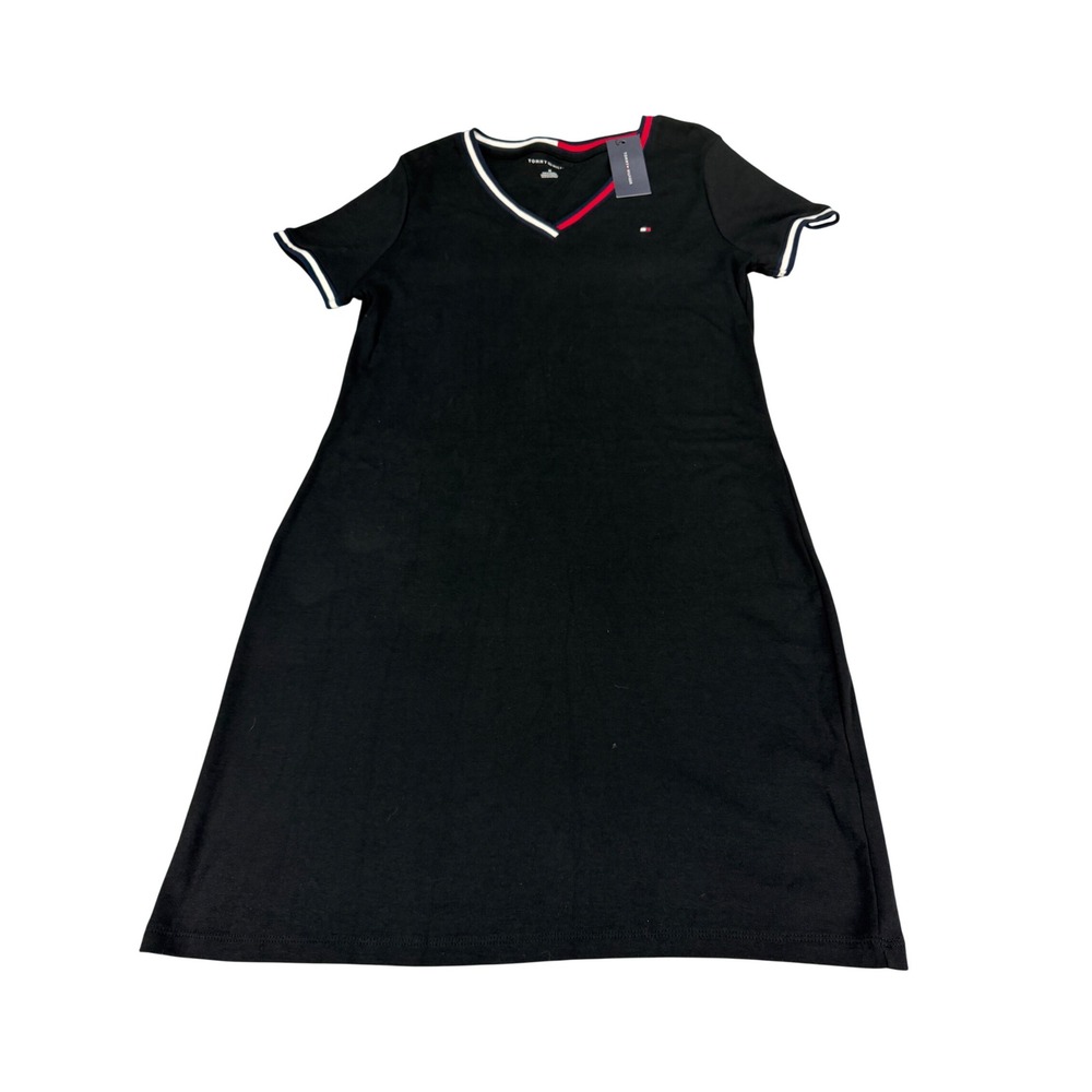 Tommy Hilfiger Womens V-Neck T-Shirt Dress Black Cotton Striped Trim MSRP $49
